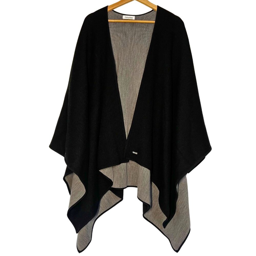 Calvin Klein Womens Poncho Sweater Black Gray One Size Reversible